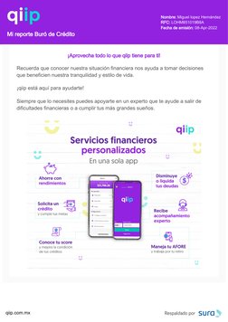 Nombre: Miguel lopez Hernández
RFC: LOHM851019B8A
Fecha de emisión: 08-Apr-2022
Mi reporte Buró de Crédito
qiip.com.mx
¡Aprov