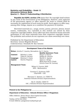 ii 
Statistics and Probability – Grade 11 
Alternative Delivery Mode 
Quarter 3 – Week 9: Understanding t-Distributio