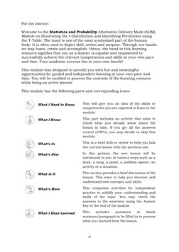 iv 
For the learner: 
 
Welcome to the Statistics and Probability Alternative Delivery Mode (ADM) 
Module on Illustra