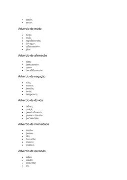  
tarde; 
 
antes. 
Advérbio de modo 
 
bem; 
 
mal; 
 
rapidamente; 
 
devagar; 
 
calmamente; 
 
pior. 
Advérbio de