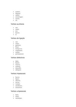  
comer; 
 
dançar; 
 
saltar; 
 
escorregar; 
 
sorrir; 
 
rir. 
Verbos auxiliares 
 
ser; 
 
estar; 
 
ter; 
 
ha