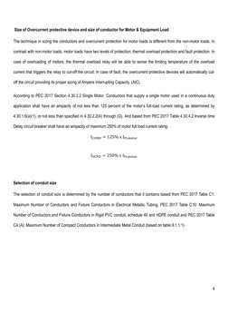 4 
 
 Size of Overcurrent protective device and size of conductor for Motor & Equipment Load 
The technique in sizing the con