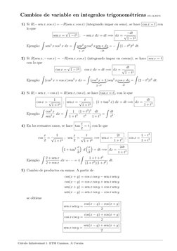 Cambios de variable en integrales trigonom´etricas (05.12.2019)
1) Si R(−sen x, cos x) = −R(sen x, cos x) (integrando impar e