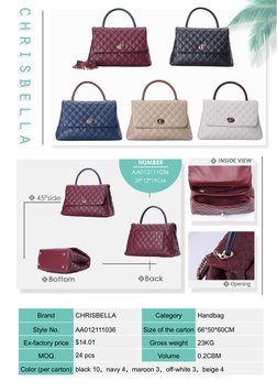 Brand
CHRISBELLA
Category
Handbag
Style No.
AA012111036
Size of the carton 66*50*60CM
Ex-factory price
$14.01
Gross weight
23