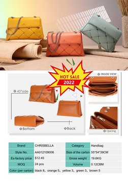 Brand
CHRISBELLA
Category
Handbag
Style No.
AA012109006
Size of the carton 55*54*39CM
Ex-factory price
$12.45
Gross weight
19