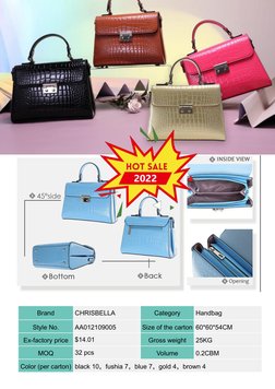 Brand
CHRISBELLA
Category
Handbag
Style No.
AA012109005
Size of the carton 60*60*54CM
Ex-factory price
$14.01
Gross weight
25