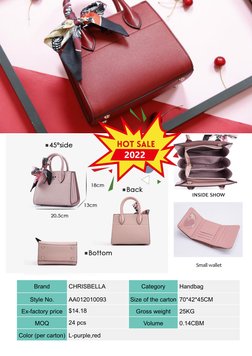 Brand
CHRISBELLA
Category
Handbag
Style No.
AA012010093
Size of the carton 70*42*45CM
Ex-factory price
$14.18
Gross weight
25