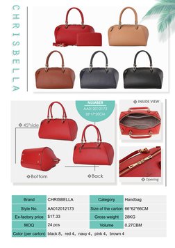 Brand
CHRISBELLA
Category
Handbag
Style No.
AA012012173
Size of the carton 66*62*66CM
Ex-factory price
$17.33
Gross weight
28