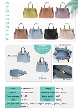 Brand
CHRISBELLA
Category
Handbag
Style No.
SO012110253
Size of the carton 65*52*60CM
Ex-factory price
$14.01
Gross weight
35