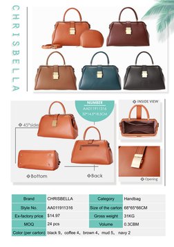 Brand
CHRISBELLA
Category
Handbag
Style No.
AA011911316
Size of the carton 68*65*66CM
Ex-factory price
$14.97
Gross weight
31
