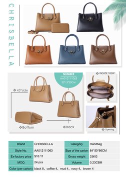 Brand
CHRISBELLA
Category
Handbag
Style No.
AA012111063
Size of the carton 84*50*66CM
Ex-factory price
$18.11
Gross weight
33