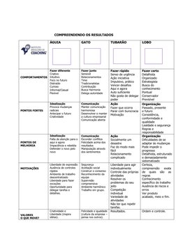 COMPREENDENDO OS RESULTADOS
ÁGUIA
GATO
TUBARÃO
LOBO
COMPORTAMENTOS
Fazer diferente
Criativo 
Intuitivo
Foco no futuro 
Distra
