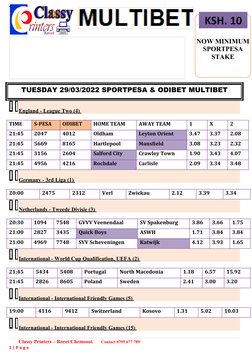 NOW MINIMUM
SPORTPESA
STAKE
KSH. 10
.
 
TUESDAY 29/03/2022 SPORTPESA & ODIBET MULTIBET
England - League Two (4) 
TIME
S-PESA