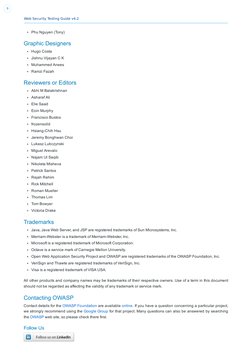 Web Security Testing Guide v4.2
9
Phu Nguyen (Tony)
Graphic Designers
Hugo Costa
Jishnu Vijayan C K
Muhammed Anees
Ramzi Faza