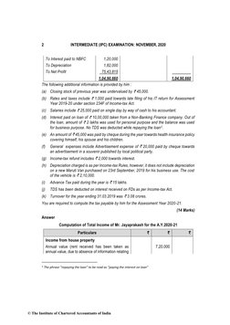 2 
INTERMEDIATE (IPC) EXAMINATION: NOVEMBER, 2020 
To Interest paid to NBFC 
1,20,000  
 
To Depreciation 
1,82,000  
 
To Ne