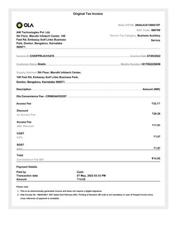 Ola Cab Invoice Format and Details | PDF | Invoice | Payments