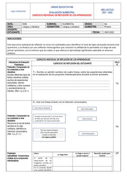 Logo institucional
UNIDAD EDUCATIVA NN
EVALUACIÓN QUIMESTRAL
EJERCICIO INDIVIDUAL DE REFLEXIÓN DE LOS APRENDIZAJES
AÑO LECTIV