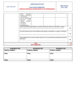 Logo institucional
UNIDAD EDUCATIVA NN
EVALUACIÓN QUIMESTRAL
EJERCICIO INDIVIDUAL DE REFLEXIÓN DE LOS APRENDIZAJES
AÑO LECTIV