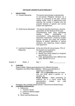 Generalization in English 7 Lesson Plan | PDF | Lesson Plan | Learning