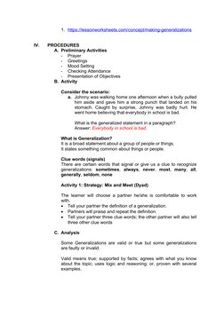 Generalization in English 7 Lesson Plan | PDF | Lesson Plan | Learning