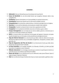 5
GLOSARIO
• Adoración: Estilo de Vida de Reconocer los atributos de lo que Dios Es.
• Casas de Bendición: Es una Comu