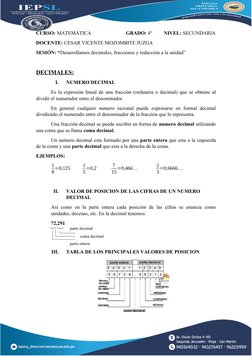 CURSO: MATEMÁTICA
GRADO: 4°         NIVEL: SECUNDARIA
DOCENTE: CESAR VICENTE MOZOMBITE JUZGA
SESIÓN: “Desarrollamos decimales