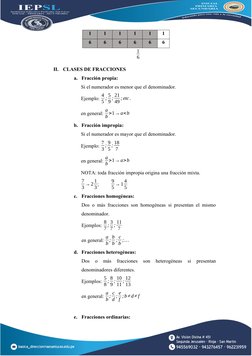 1
1
1
1
1
1
6
6
6
6
6
6
1
6
II.
CLASES DE FRACCIONES
a. Fracción propia:
Si el numerador es menor que el denominador.
Ejemplo