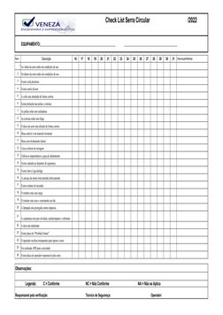 Check List Serra Circular
/2022
Ítens
Descrição
16
17
18
19
20
21
22
23
24
25
26
27
28
29
30
31
Observação/Medidas
1 As vidia