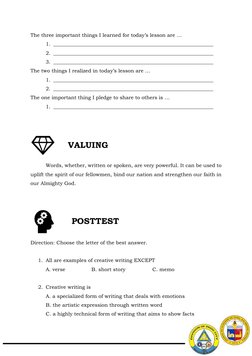 The three important things I learned for today’s lesson are … 
1. _________________________________________________