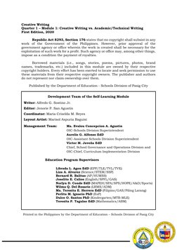 Creative Writing 
Quarter 1 – Module 1: Creative Writing vs. Academic/Technical Writing 
First Edition, 2020 
 
 
R