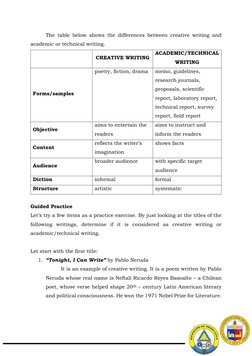 The table below shows the differences between creative writing and 
academic or technical writing. 
 
CREATIVE WR