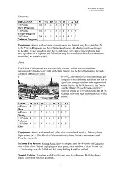 Williamite Warfare 
A Proto-linear system 
 
 
3 
Dragoons 
 
DRAGOONS 
M 
WS BS S T W I A Ld 
10 Points 
Raw Dragoons 
7/4 2