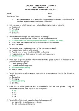 Final Exam for Assessment of Learning 2 | PDF | Educational Assessment ...