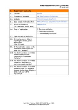 Data Breach Notification (template) 
3.0, 28.04.2022 
by Andrey Prozorov, CISM, CIPP/E, CDPSE, LA 27001 
www.patreon.com/Andr
