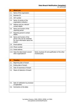 Data Breach Notification (template) 
3.0, 28.04.2022 
by Andrey Prozorov, CISM, CIPP/E, CDPSE, LA 27001 
www.patreon.com/Andr