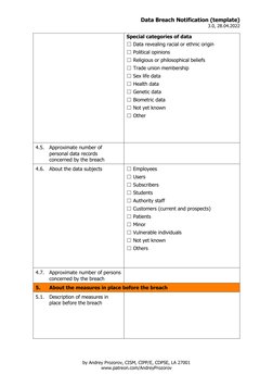 Data Breach Notification (template) 
3.0, 28.04.2022 
by Andrey Prozorov, CISM, CIPP/E, CDPSE, LA 27001 
www.patreon.com/Andr