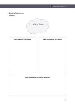 PositivePsychology.com
2
Cognitive Restructuring
Worksheet
Facts Supporting The Thought
Facts Contradicting The Thought
It th