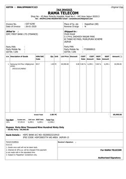 GSTIN  :  08ALSPM6867C1ZJ 
Original Copy 
 TAX INVOICE  
RAMA TELECOM 
Shop No - 43,Near Pinkcity Hospital, Road No-1 - VKI A
