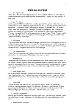 9
Dialogue exercise
1.
The Impersonator
This is Part I of an exercise that practices voice. Pick up a book written by an auth