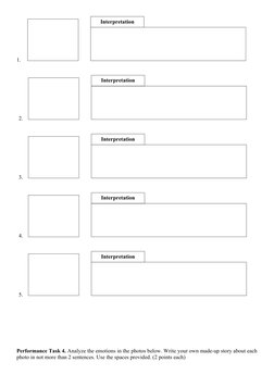 1.     
                    
2.    
3.    
  
4.    
5.    
Performance Task 4. Analyze the emotions in the photos below. Wri