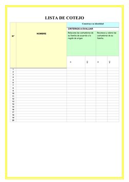 LISTA DE COTEJO
N°
NOMBRE
Construye su identidad
CRITERIOS A EVALUAR
Relaciona las costumbres de 
su familia de acuerdo a la