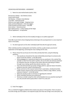 VIOLIN/VIOLA METHOD BOOKS – ASSIGNMENT 
 
1. Name ten viola method books (author, title) 
 
Renate Bruce-Weber – Die fröhlich