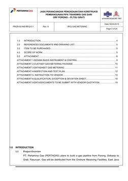 JASA PERANCANGAN PENGADAAN DAN KONSTRUKSI
PEMBANGUNAN PIPA TRANSMISI GAS DARI
ORF PORONG – PLTGU GRATI
PRGR-00-INS-RFQ-011
Re