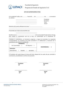 Facultad de Ingeniería
Programa de Estudio de Ingeniería Civil
ACTA DE SUSTENTACIÓN DE TESIS
En la ciudad de Trujillo, a las