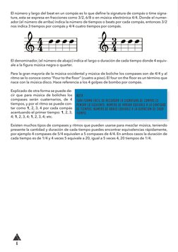 6
El número y largo del beat en un compás es lo que define la signatura de compás o time signa­
ture, esta se expresa en frac