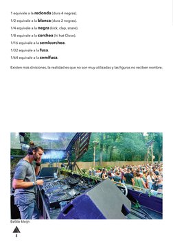 8
1 equivale a la redonda (dura 4 negras).
1/2 equivale a la blanca (dura 2 negras).
1/4 equivale a la negra (kick, clap, sna