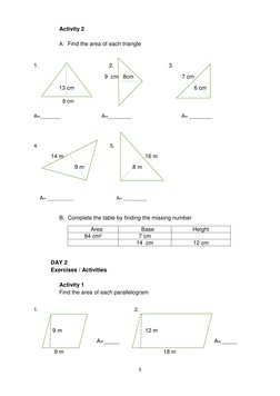 5 
 
Activity 2 
 
A. Find the area of each triangle  
 
 
1.                                             2.