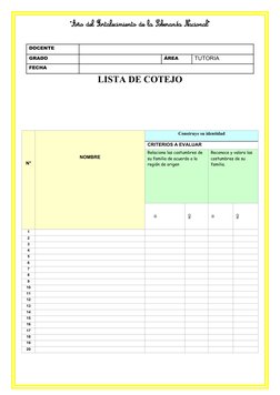 DOCENTE
GRADO
ÁREA
TUTORIA
FECHA
LISTA DE COTEJO
N°
NOMBRE
Construye su identidad
CRITERIOS A EVALUAR
Relaciona las costumbre