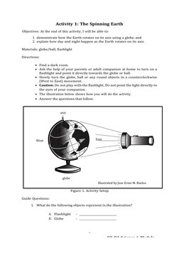 axis
West
     East
globe
Illustrated by Jose Ernie M. Buelos
6
CO_Q4_Science 6_Module 
Activity 1: The Spinning Earth
Object
