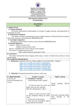 Grade 1 English Lesson Plan: Action Verbs | PDF | Pet | English Language